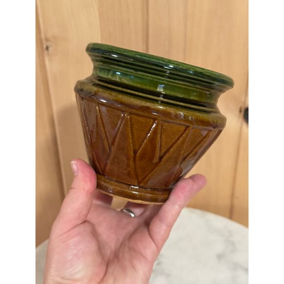 Antique Early McCoy Pottery Blended Brown Green V Design Jardiniere - Picture 7 of 9